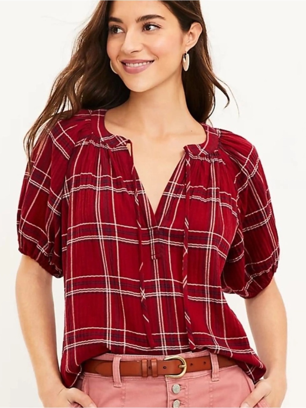 NEW LOFT Red Plaid Peasant Cotton Blouse Size XS